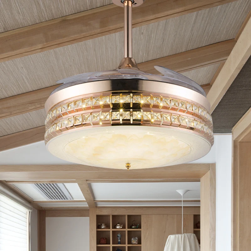 3-bladige LED-plafondventilator voor inbouw, eenvoudige slaapkamer, semi-inbouw met trommelkristal ingelegde kap goud, 42,...