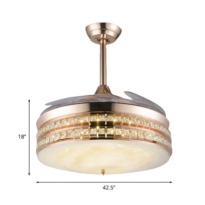 3-bladige LED-plafondventilator voor inbouw, eenvoudige slaapkamer, semi-inbouw met trommelkristal ingelegde kap goud, 42,...