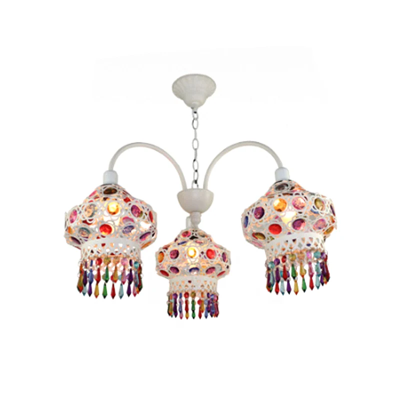 3-koppige kralenlantaarnkroonluchter Turks wit/rood acryl uitgeholde hangende plafondlamp voor eetkamer Clearhalo