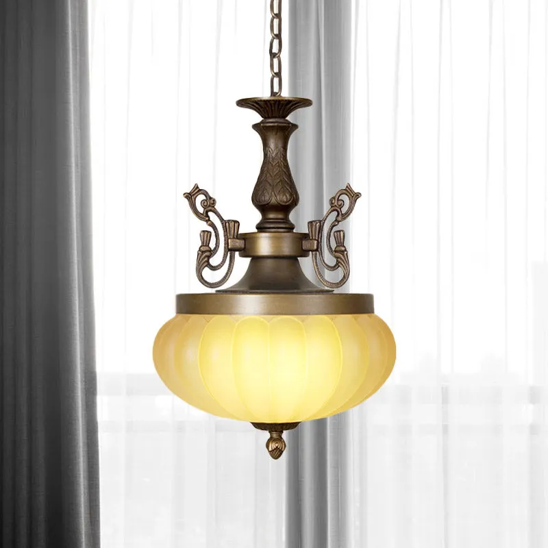 3-koppige pompoenkroonluchter, traditioneel brons, matglas, hangende verlichtingsarmatuur Clearhalo