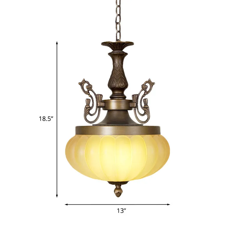 3-koppige pompoenkroonluchter, traditioneel brons, matglas, hangende verlichtingsarmatuur Clearhalo