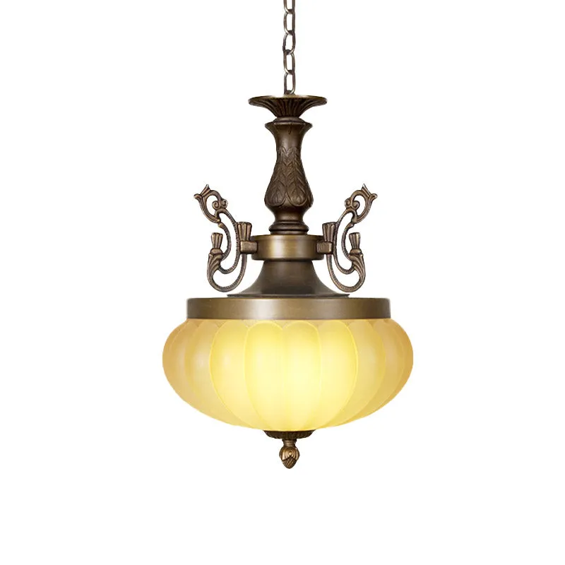 3-koppige pompoenkroonluchter, traditioneel brons, matglas, hangende verlichtingsarmatuur Clearhalo