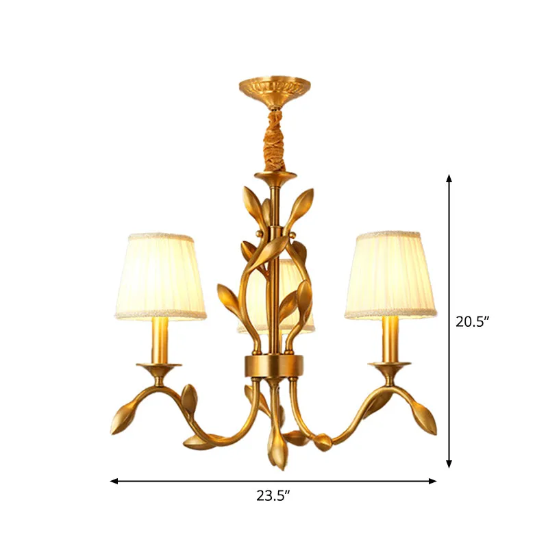 3-koppige Tarwe Kroonluchter Verlichting Boerderij Goud Metallic Plafondhanger met Conische Stoffen Kap Clearhalo
