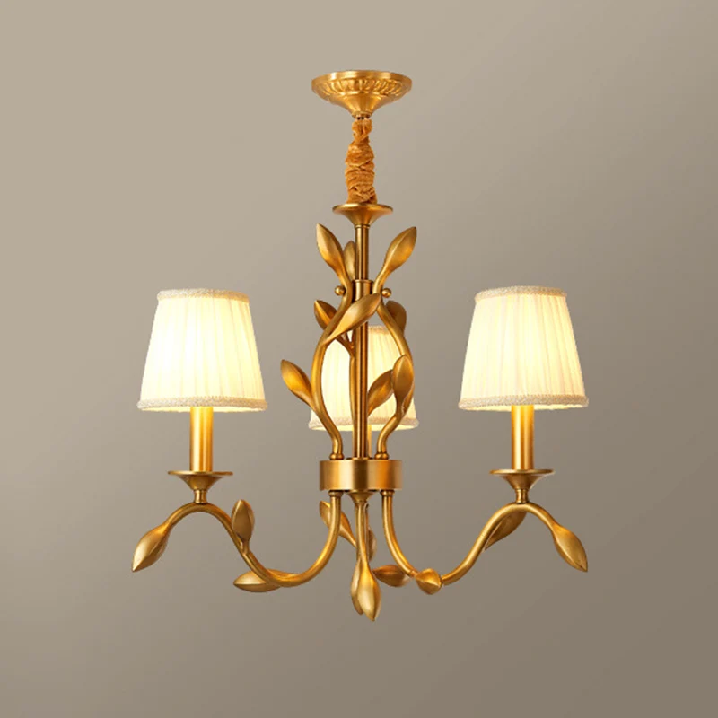 3-koppige Tarwe Kroonluchter Verlichting Boerderij Goud Metallic Plafondhanger met Conische Stoffen Kap Clearhalo