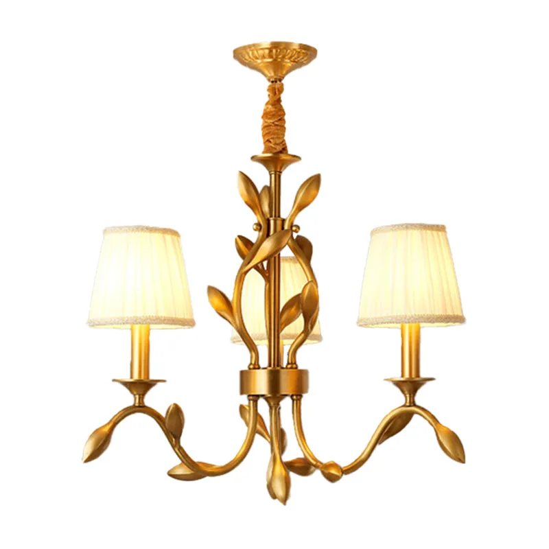 3-koppige Tarwe Kroonluchter Verlichting Boerderij Goud Metallic Plafondhanger met Conische Stoffen Kap Clearhalo