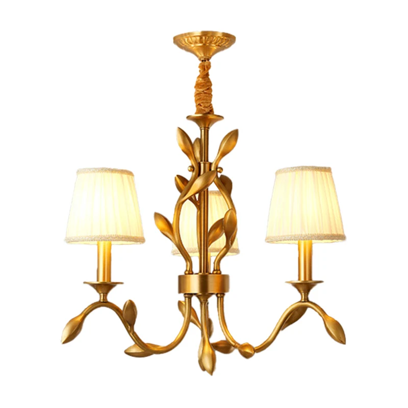 3-koppige Tarwe Kroonluchter Verlichting Boerderij Goud Metallic Plafondhanger met Conische Stoffen Kap Clearhalo