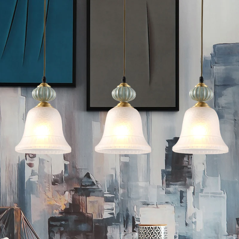 3-kops cluster hanglamp Vintage Bell wit glazen hanglamp met keramische kap voor eetkamer Clearhalo