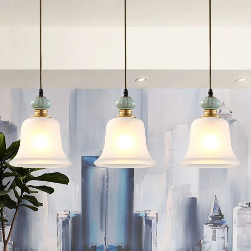 3-kops cluster hanglamp Vintage Bell wit glazen hanglamp met keramische kap voor eetkamer Clearhalo