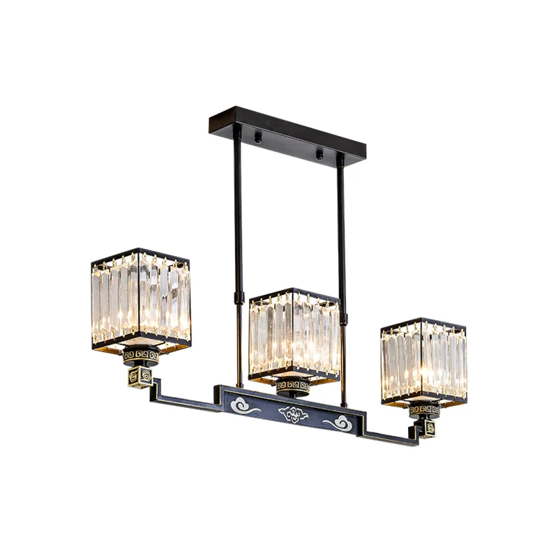 3-kops Crystal Island-kroonluchterlicht Traditionele zwarte vierkante eetkamer-eilandlamp Clearhalo