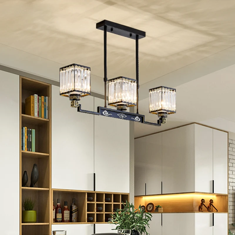 3-kops Crystal Island-kroonluchterlicht Traditionele zwarte vierkante eetkamer-eilandlamp Clearhalo