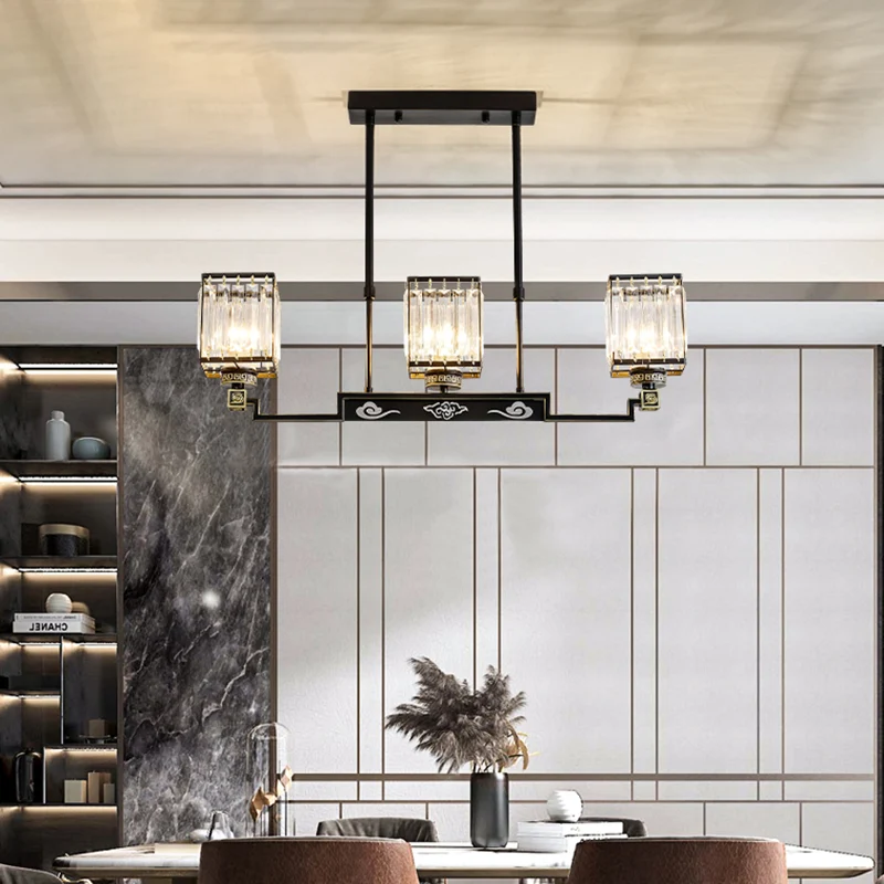 3-kops Crystal Island-kroonluchterlicht Traditionele zwarte vierkante eetkamer-eilandlamp Clearhalo