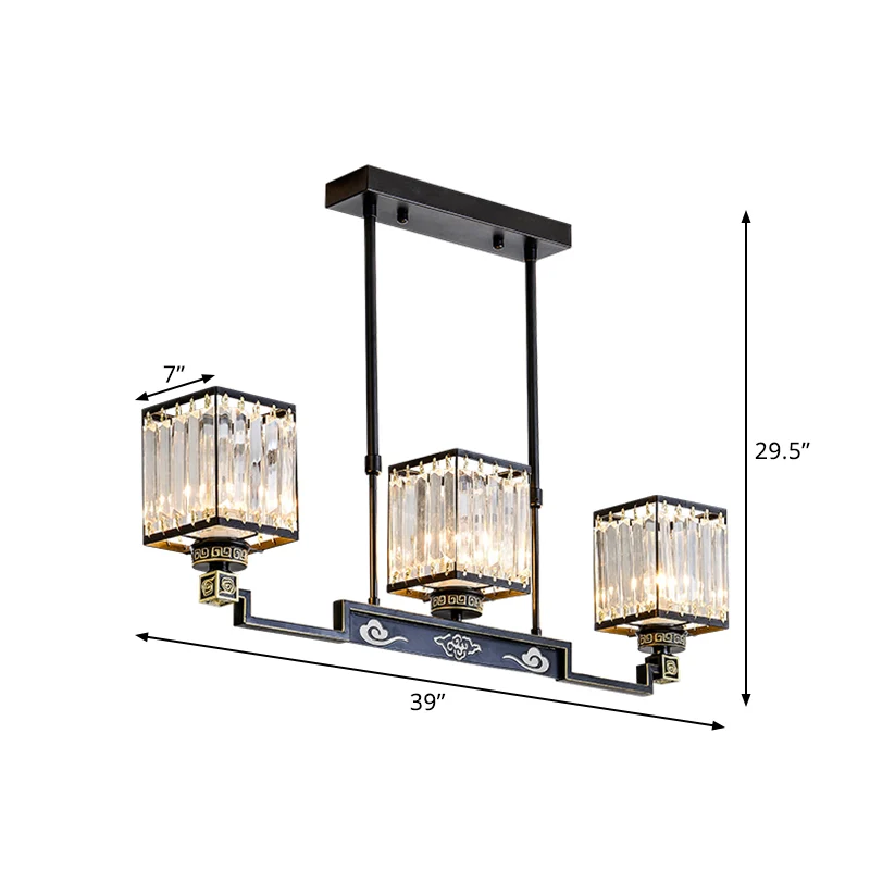 3-kops Crystal Island-kroonluchterlicht Traditionele zwarte vierkante eetkamer-eilandlamp Clearhalo