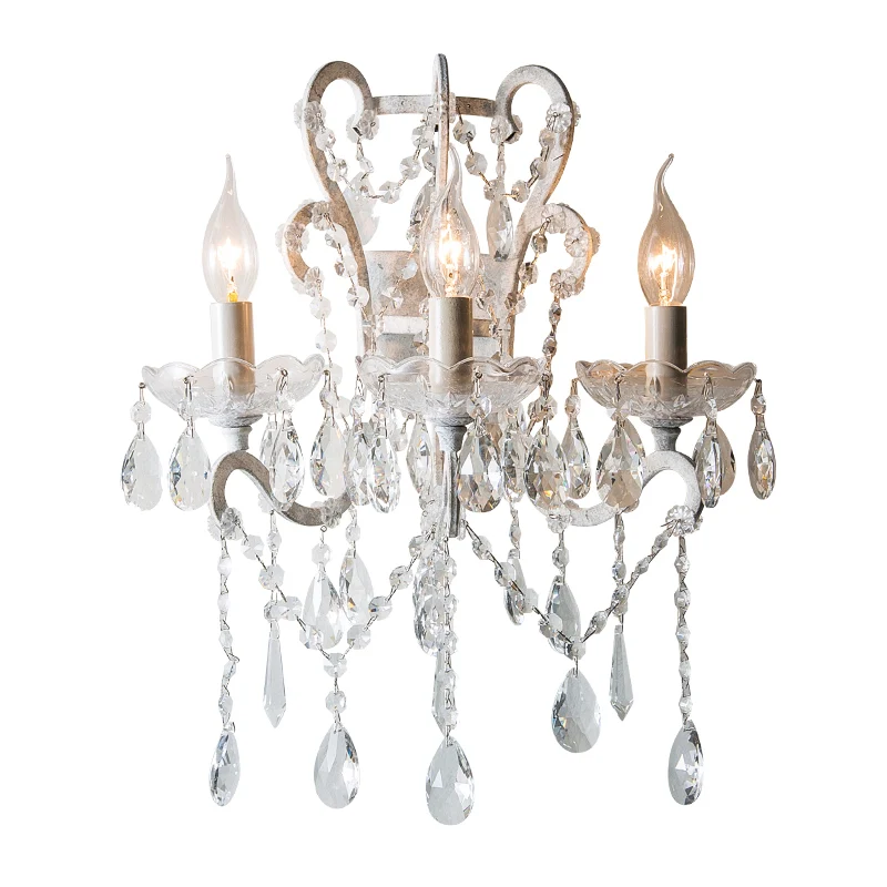 3-kops wandlamp antieke kandelaar metalen wandverlichtingsarmatuur met kristallen accent wit Clearhalo