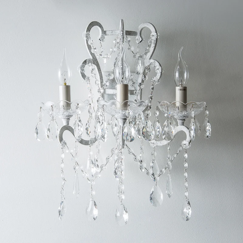 3-kops wandlamp antieke kandelaar metalen wandverlichtingsarmatuur met kristallen accent wit Clearhalo