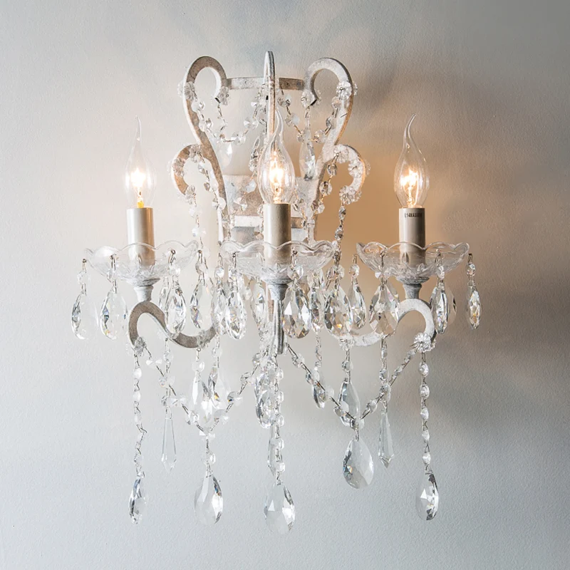 3-kops wandlamp antieke kandelaar metalen wandverlichtingsarmatuur met kristallen accent wit Clearhalo
