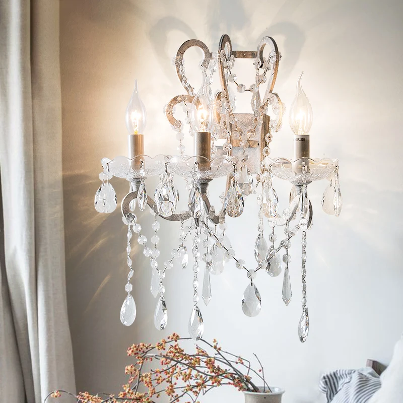 3-kops wandlamp antieke kandelaar metalen wandverlichtingsarmatuur met kristallen accent wit Clearhalo