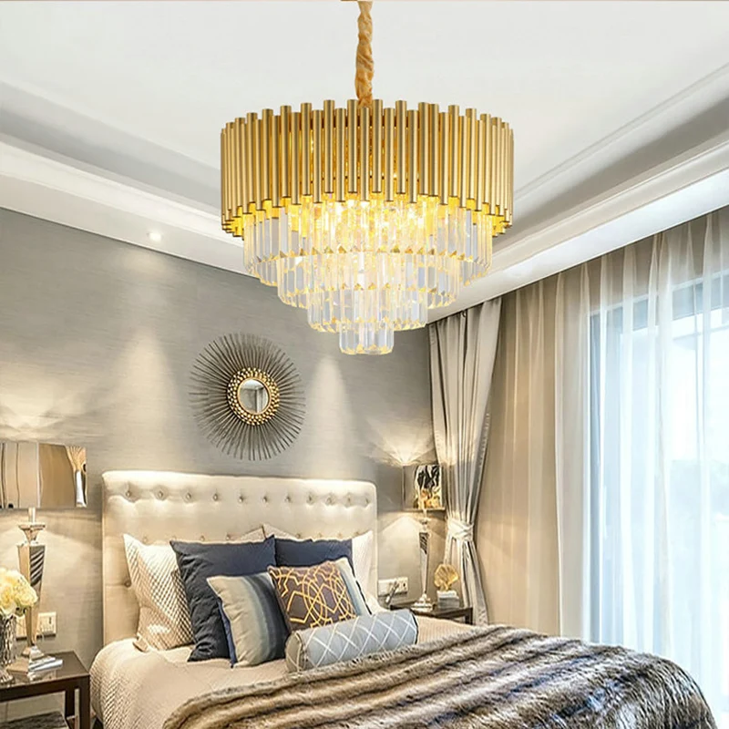 3-laags cirkelvormige hanglamp, moderne metalen kroonluchterlamp met K9-blok messing afwerking Clearhalo
