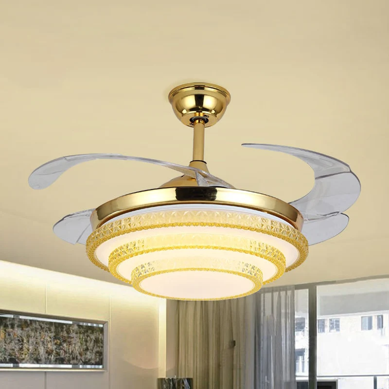 3-laags grote kamer-plafondventilatorlamp, handgesneden kristal LED eigentijds semi-inbouwlicht goud met 4 bladen, 19" W C...