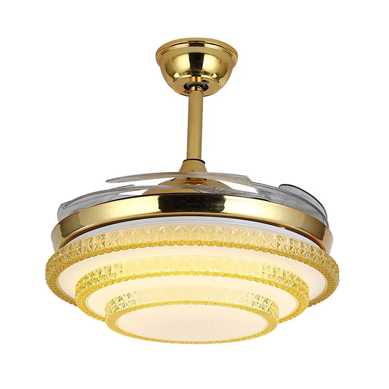 3-laags grote kamer-plafondventilatorlamp, handgesneden kristal LED eigentijds semi-inbouwlicht goud met 4 bladen, 19" W C...