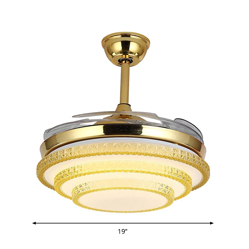 3-laags grote kamer-plafondventilatorlamp, handgesneden kristal LED eigentijds semi-inbouwlicht goud met 4 bladen, 19" W C...
