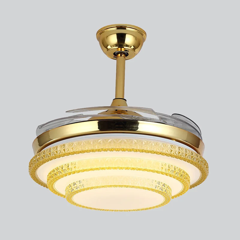 3-laags grote kamer-plafondventilatorlamp, handgesneden kristal LED eigentijds semi-inbouwlicht goud met 4 bladen, 19" W C...