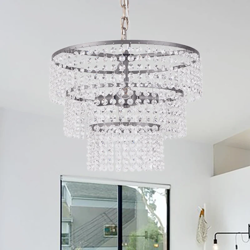 3-laags ronde hanglamp moderne metalen 3-lichts kroonluchterverlichting met heldere kristallen kraal matzwart Clearhalo