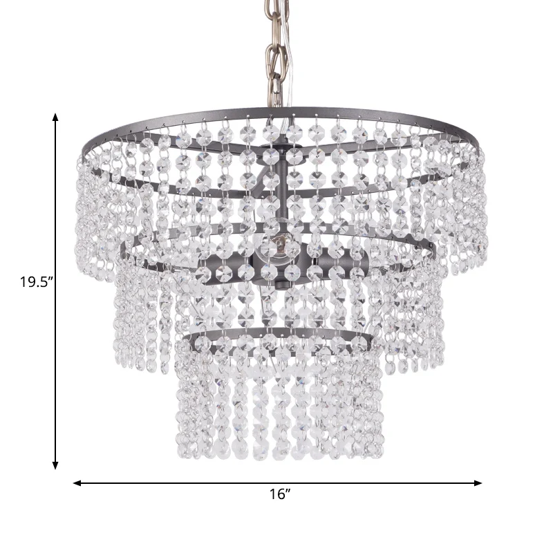 3-laags ronde hanglamp moderne metalen 3-lichts kroonluchterverlichting met heldere kristallen kraal matzwart Clearhalo