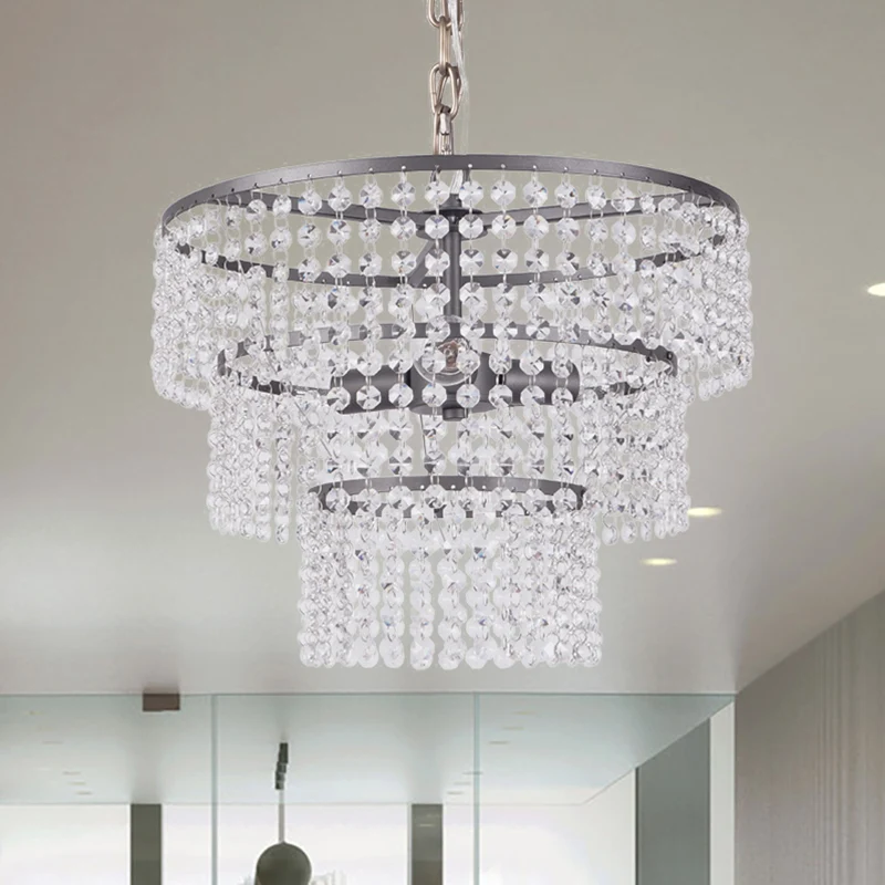 3-laags ronde hanglamp moderne metalen 3-lichts kroonluchterverlichting met heldere kristallen kraal matzwart Clearhalo