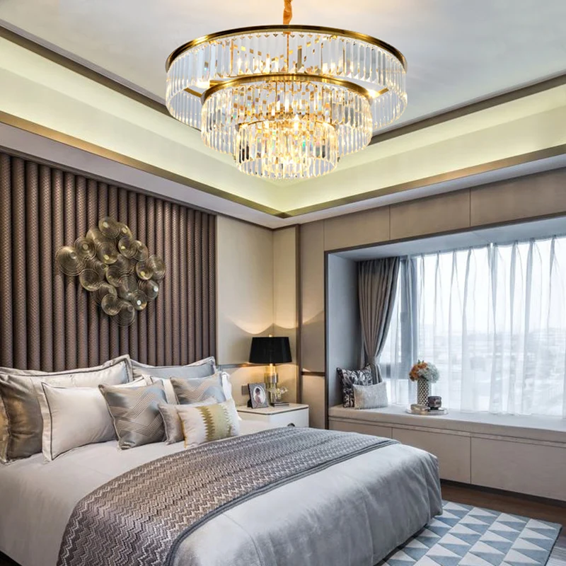 3-laags ronde kroonluchterlamp, eigentijdse metalen hanglamp met kristallen blok goud Clearhalo