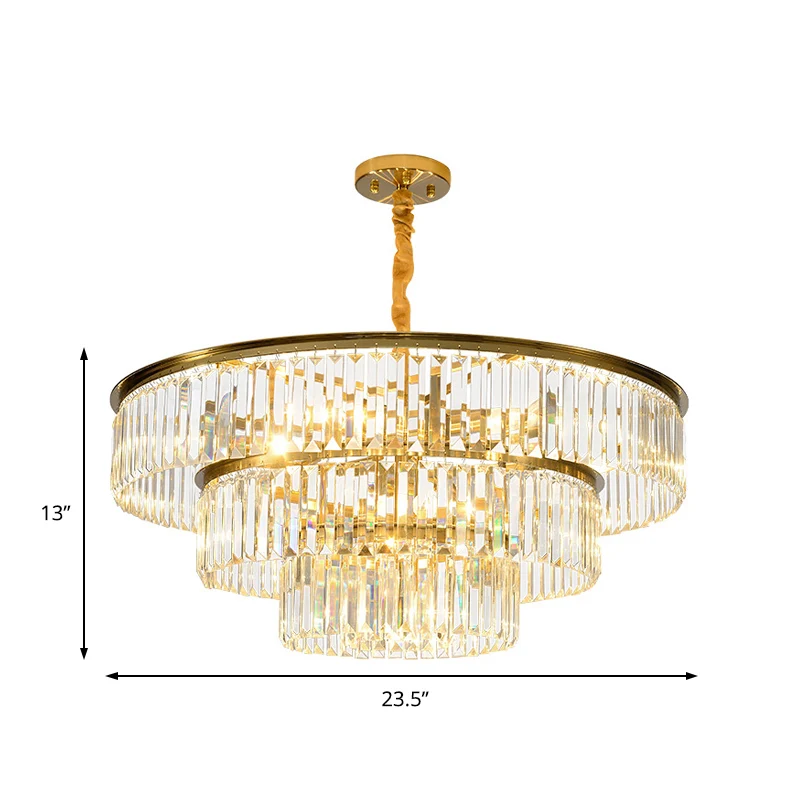 3-laags ronde kroonluchterlamp, eigentijdse metalen hanglamp met kristallen blok goud Clearhalo