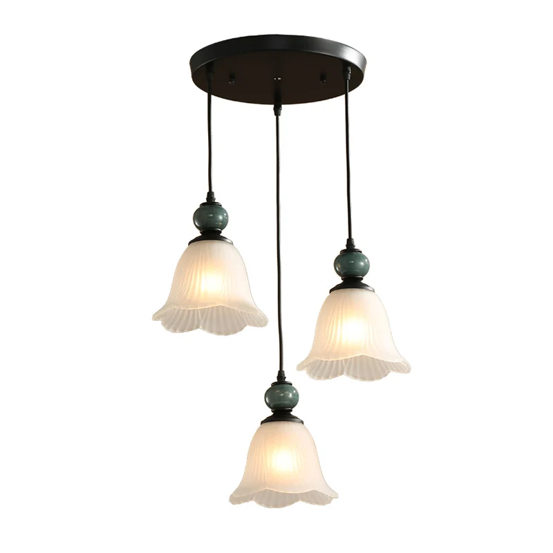 3-lampen multi-lichthanger retro-stijl bloemenkap geribbeld gegolfd glas hangende verlichting zwart Clearhalo