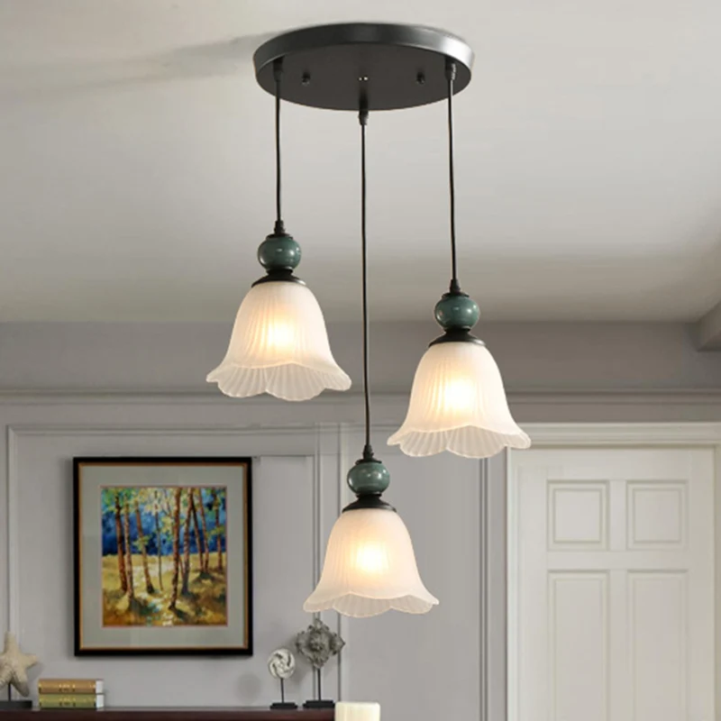 3-lampen multi-lichthanger retro-stijl bloemenkap geribbeld gegolfd glas hangende verlichting zwart Clearhalo