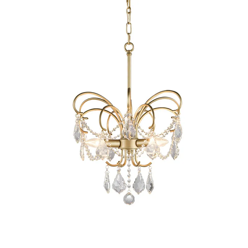 3-lampen vlinderkroonluchterverlichting landelijke gouden metalen hanglamp met kristallen strengdecor Clearhalo