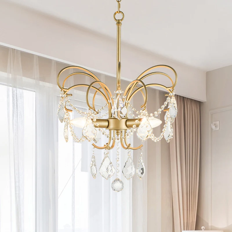 3-lampen vlinderkroonluchterverlichting landelijke gouden metalen hanglamp met kristallen strengdecor Clearhalo