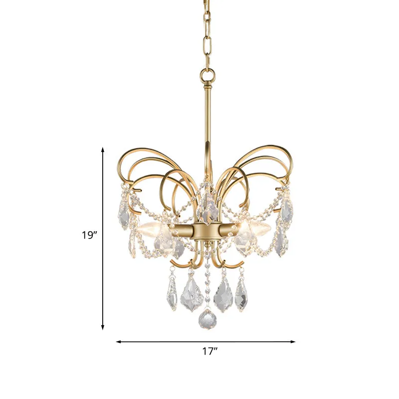 3-lampen vlinderkroonluchterverlichting landelijke gouden metalen hanglamp met kristallen strengdecor Clearhalo