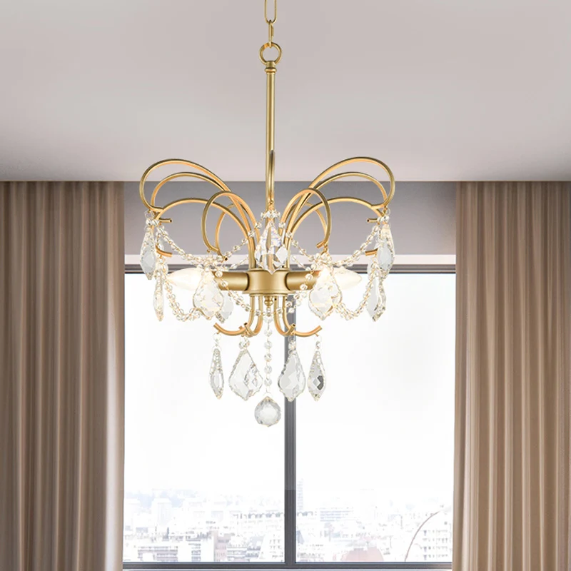 3-lampen vlinderkroonluchterverlichting landelijke gouden metalen hanglamp met kristallen strengdecor Clearhalo