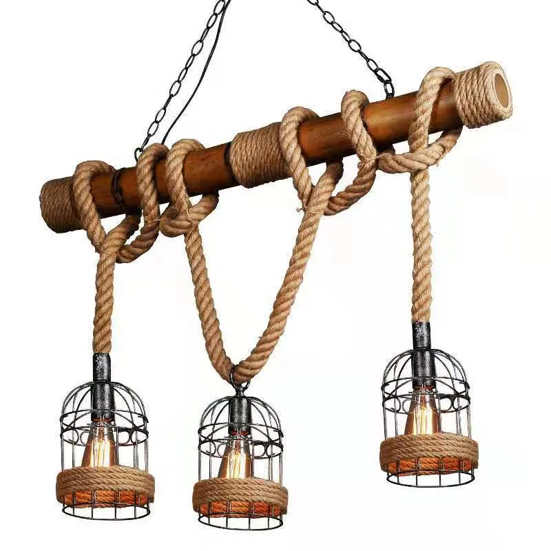 3-lichts bamboe hanglamp landelijke stijl lineaire restaurant eilandlamp met henneptouw Clearhalo