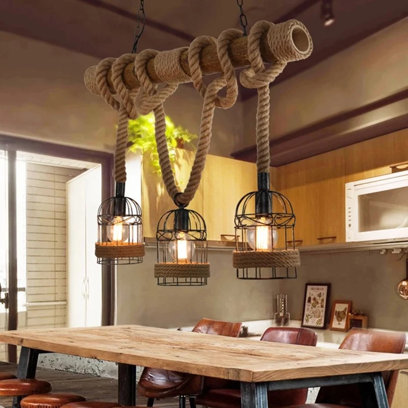 3-lichts bamboe hanglamp landelijke stijl lineaire restaurant eilandlamp met henneptouw Clearhalo