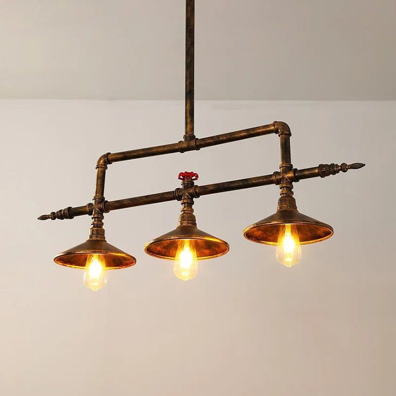 3-lichts Bell Shade Island-verlichting Industriële roestijzer hangende plafondlamp met waterpijpontwerp Clearhalo