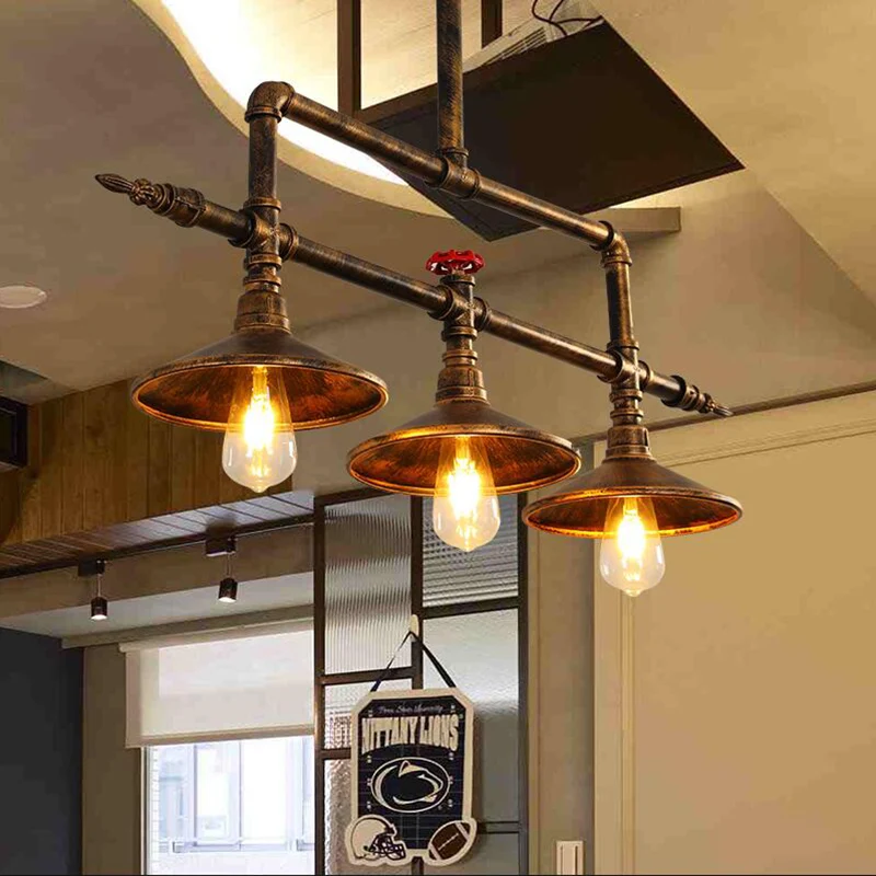 3-lichts Bell Shade Island-verlichting Industriële roestijzer hangende plafondlamp met waterpijpontwerp Clearhalo