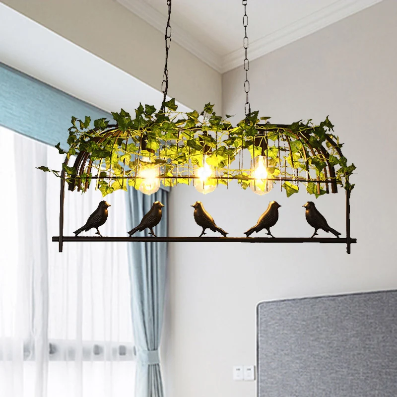 3-lichts Birdcage Island-plafondlamp Industriële hanglamp van zwart metaal met plantendecoratie Clearhalo