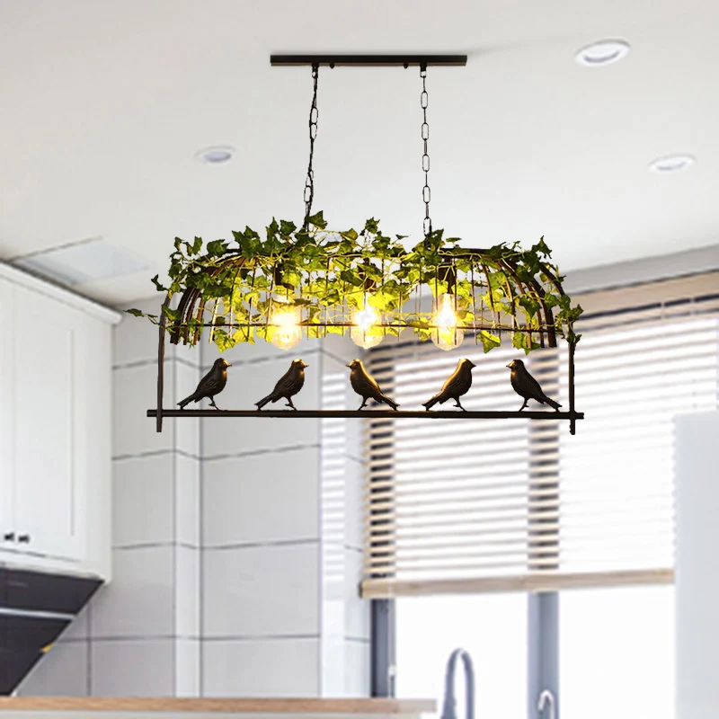 3-lichts Birdcage Island-plafondlamp Industriële hanglamp van zwart metaal met plantendecoratie Clearhalo