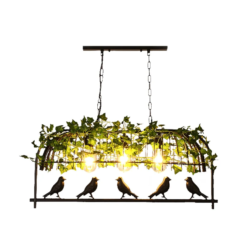 3-lichts Birdcage Island-plafondlamp Industriële hanglamp van zwart metaal met plantendecoratie Clearhalo