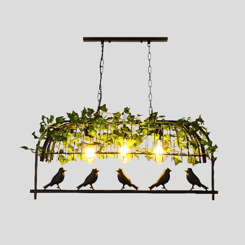 3-lichts Birdcage Island-plafondlamp Industriële hanglamp van zwart metaal met plantendecoratie Clearhalo