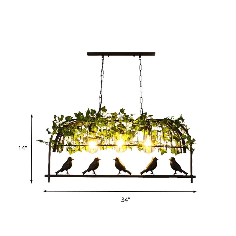 3-lichts Birdcage Island-plafondlamp Industriële hanglamp van zwart metaal met plantendecoratie Clearhalo