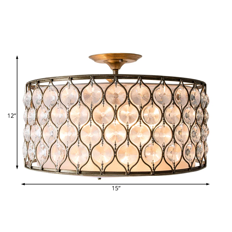 3-lichts Drum-plafondlamp Rustiek Brons Metaal en Kristal Semi-inbouwlamp Clearhalo