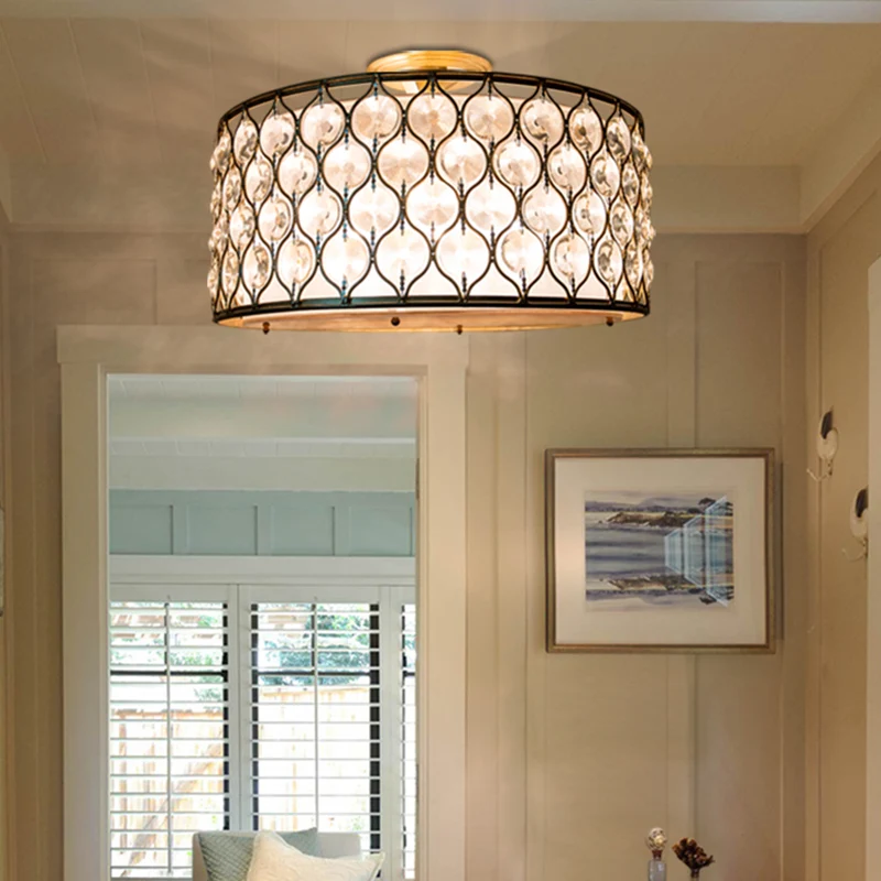 3-lichts Drum-plafondlamp Rustiek Brons Metaal en Kristal Semi-inbouwlamp Clearhalo