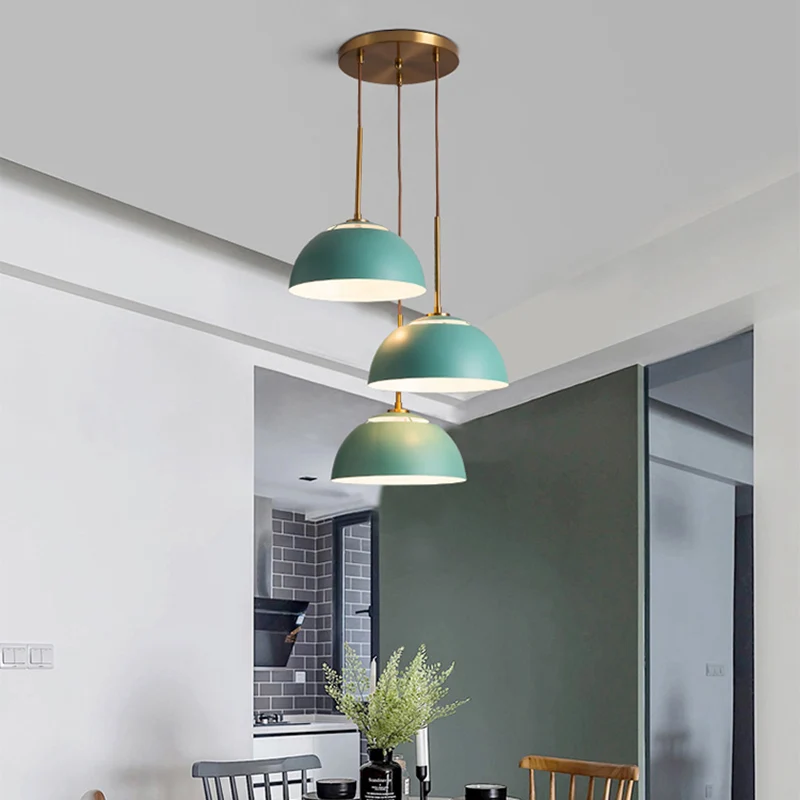 3-lichts eetkamer cluster hanglamp Macaron wit/roze/groene afwerking naar beneden verlichting met koepelvormige ijzeren ka...