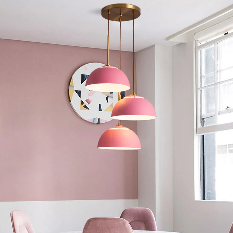 3-lichts eetkamer cluster hanglamp Macaron wit/roze/groene afwerking naar beneden verlichting met koepelvormige ijzeren ka...