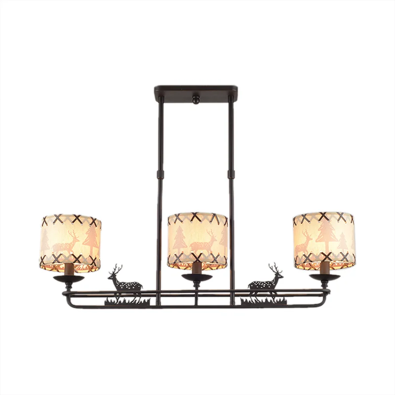 3-lichts eetkamer eilandverlichting Traditionele zwarte hanglamp met tonvormige stoffen kap Clearhalo
